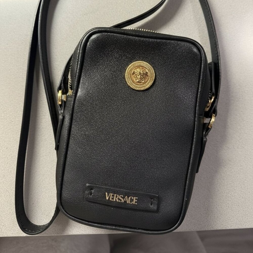 Versace Black Leather Medusa Crossbody Bag ✨ Gold Hardware • Classic Luxury